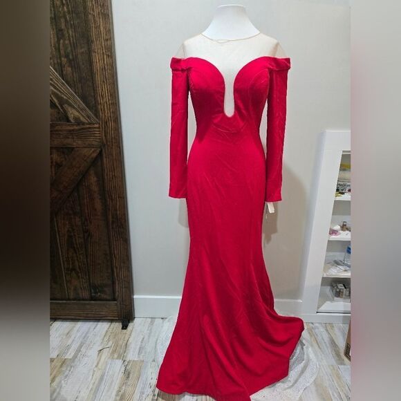 XSCAPE Illusion Long Sleeve Scuba Crepe Gown NWT size 10 Red - Picture 3 of 5